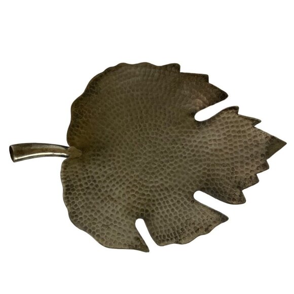 Hallmark Leaf Shaped Decorative Footed Platter Hammered Metal Candleholder - Picture 3 of 9
